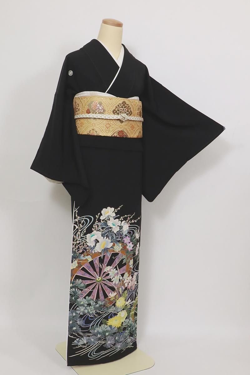 銀座【B-3625】本加賀友禅 奥田勝将作 染五ッ紋 黒留袖 黒色 源氏車に