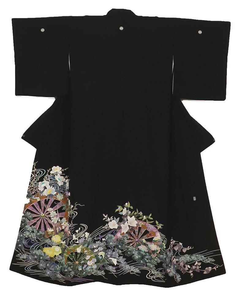 銀座【B-3625】本加賀友禅 奥田勝将作 染五ッ紋 黒留袖 黒色 源氏車に