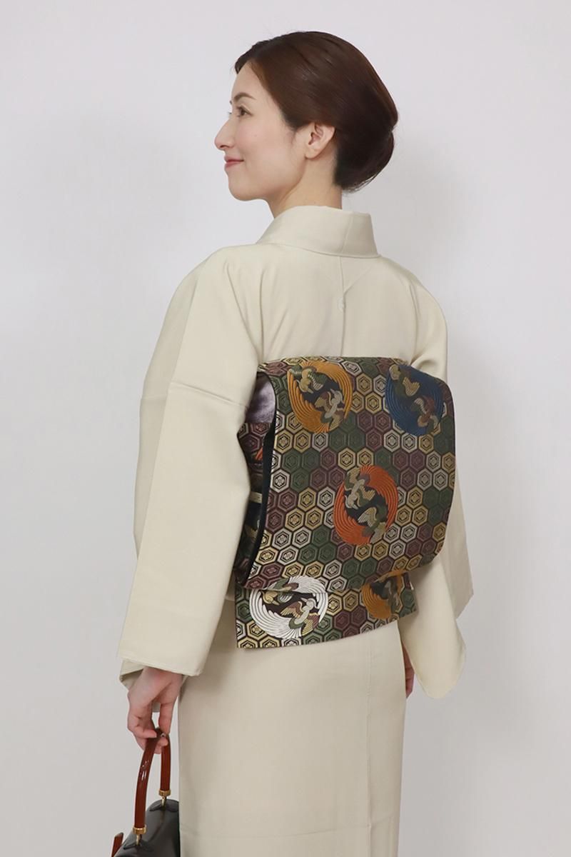 銀座【L-7194】袋帯 憲法黒茶色 亀甲花菱に向かい鳳凰の丸 - 銀座