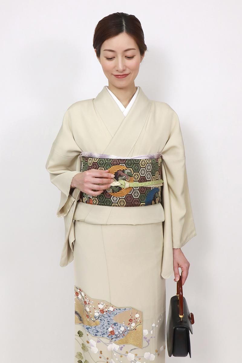 銀座【L-7194】袋帯 憲法黒茶色 亀甲花菱に向かい鳳凰の丸 - 銀座