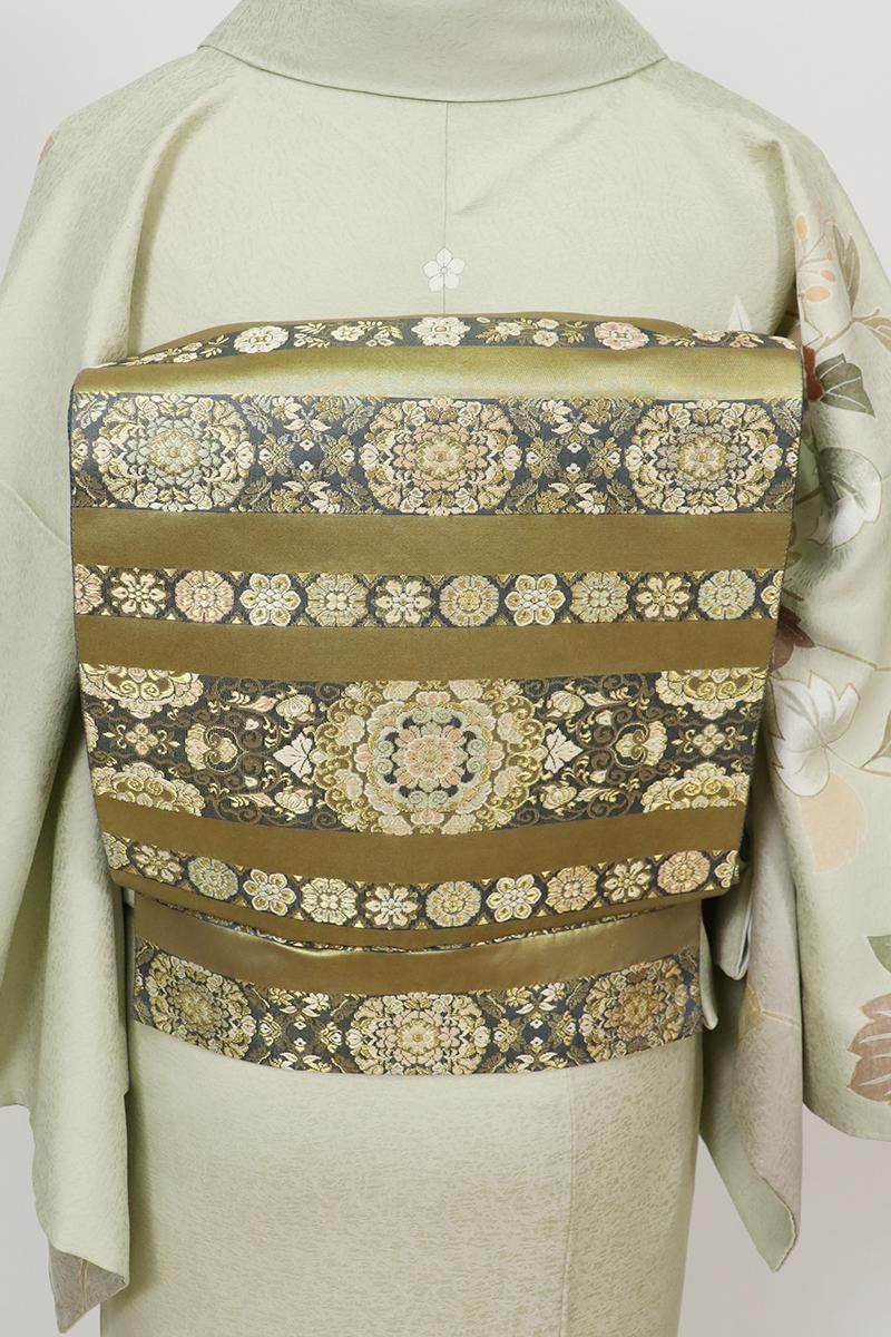 銀座【L-7245】西陣 陰山織物製 箔屋清兵衛 袋帯 藍鉄色×金色 正倉院間