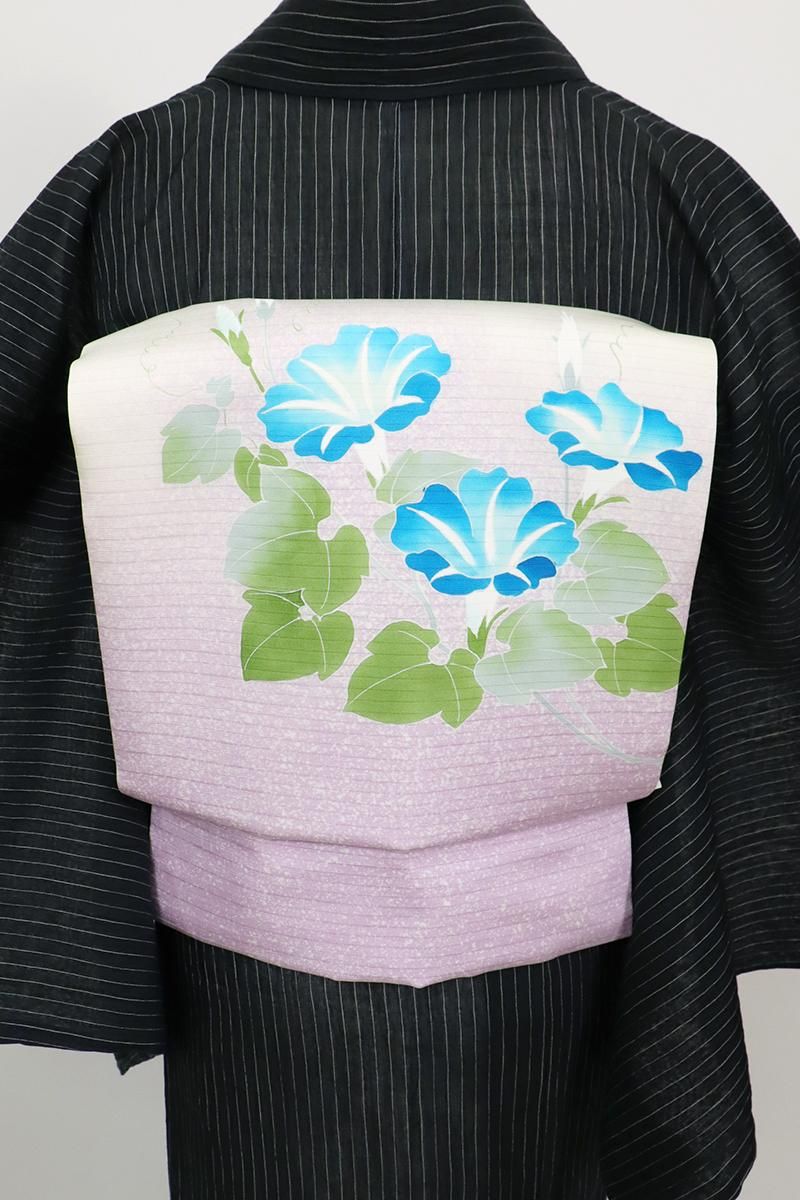 あおき【K-9806】絽塩瀬 染名古屋帯 象牙色×薄葡萄色 朝顔の図（落款入