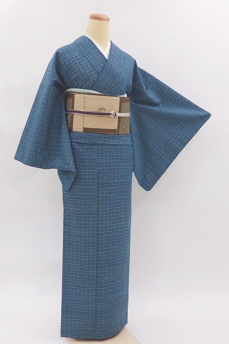 銀座【A-4038】川口良三 阿波藍染 紬 青色系 幾何文（反端付） :身丈