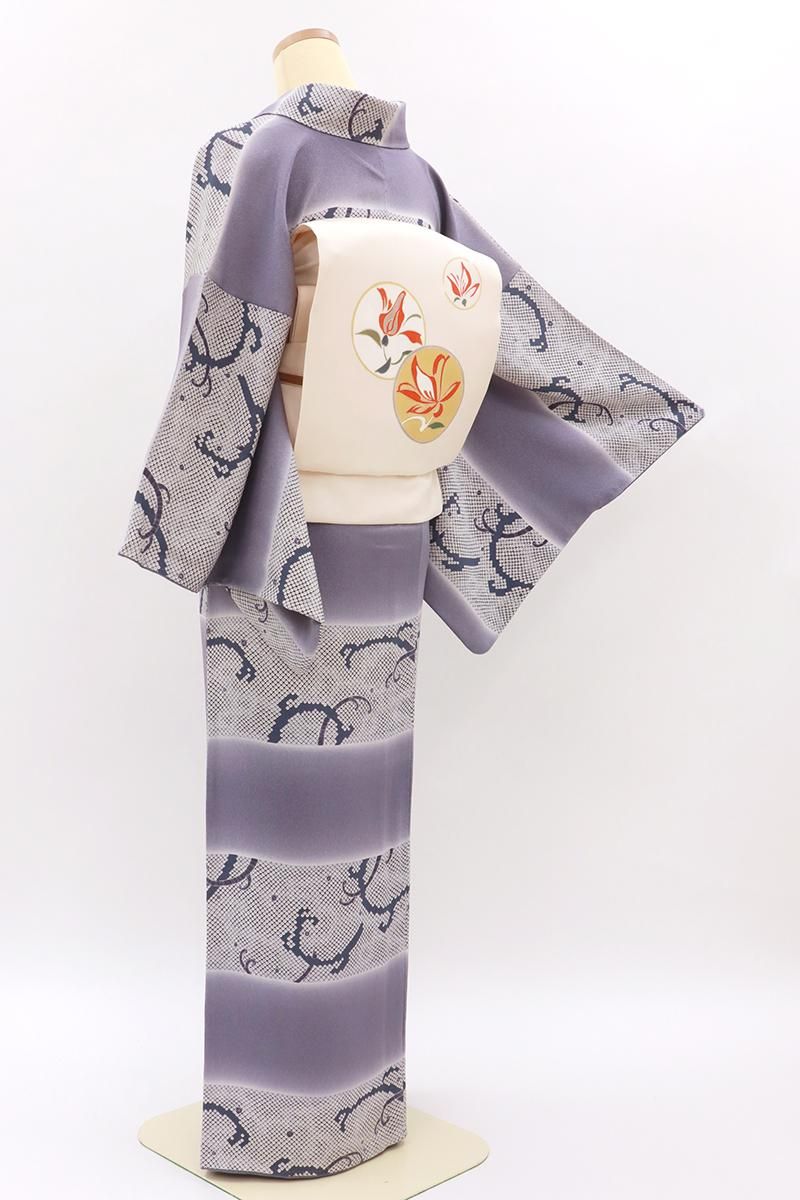 銀座【D-3643】縮緬地 小紋 紫色系 横段に疋田と波文 :身丈162/裄67