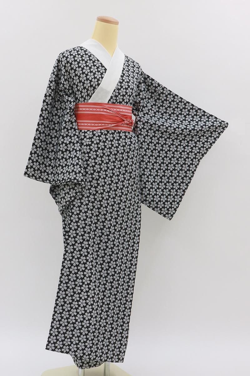 銀座【F-658】長襦袢 黒色 桜花文 :身丈126.5/裄66 - 銀座きもの青木