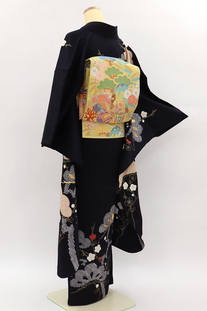 銀座【B-3920】絞り染め 振袖 黒色 松竹梅の図 :身丈167/裄68.5/細め