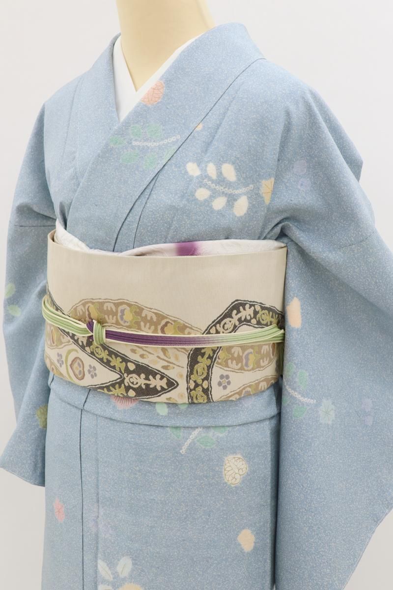 銀座【D-3666】白山工房製 牛首紬地 絞り染め 小紋 水色系 花の図