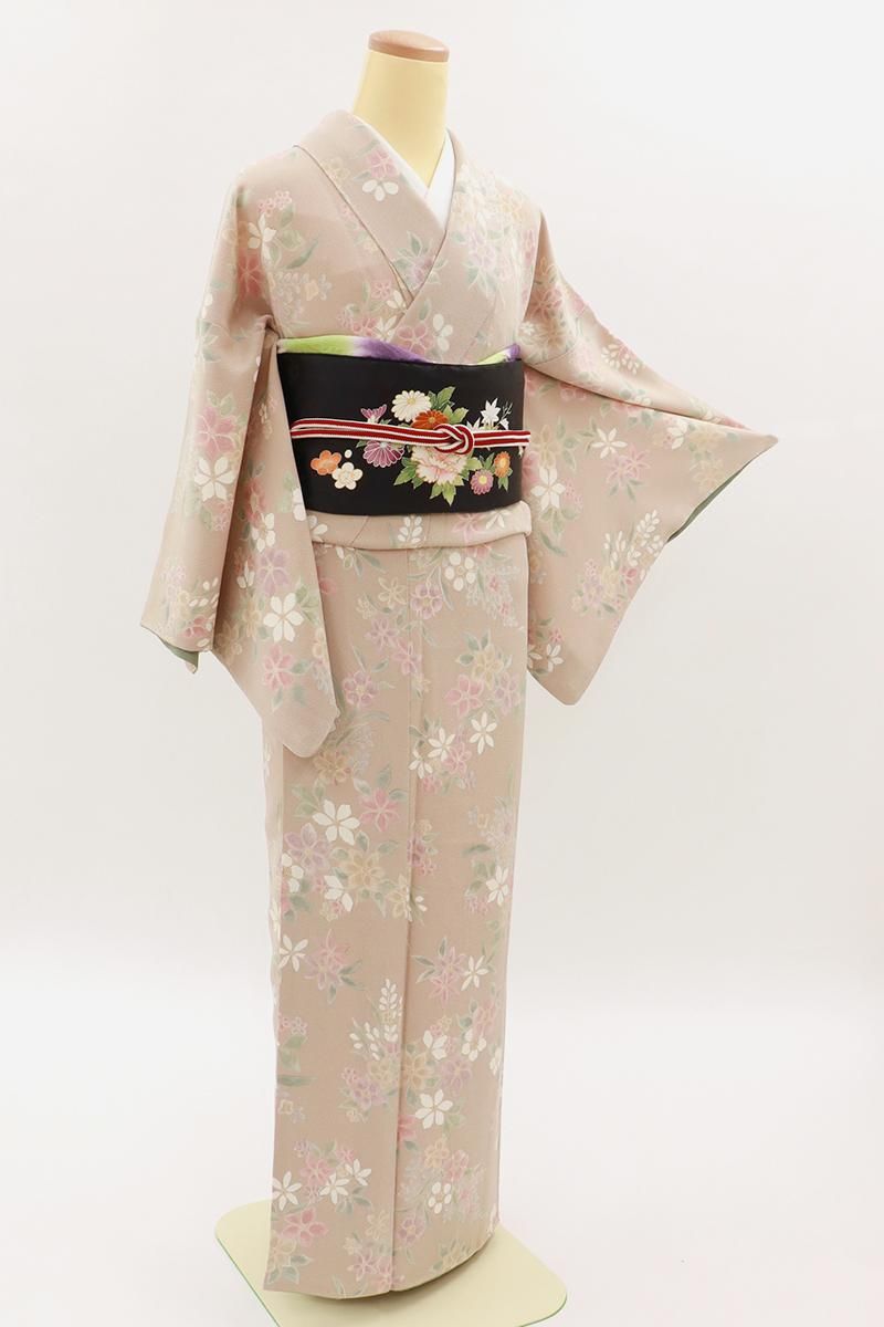 あおき【D-3672】縮緬地 小紋 ピンク色系 花文 :身丈155/裄67 - 銀座