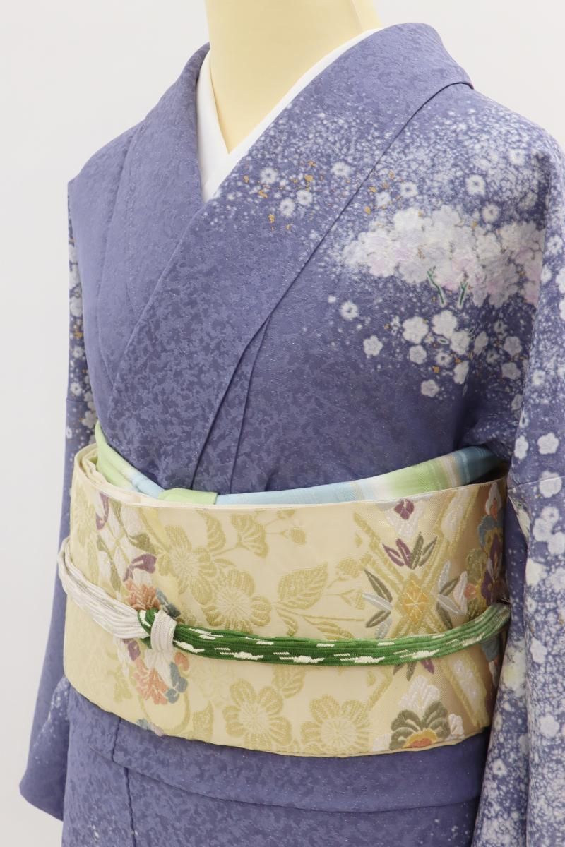 あおき【L-7966】袋帯 ベージュ系 裂取りに有職華文 - 銀座きもの青木