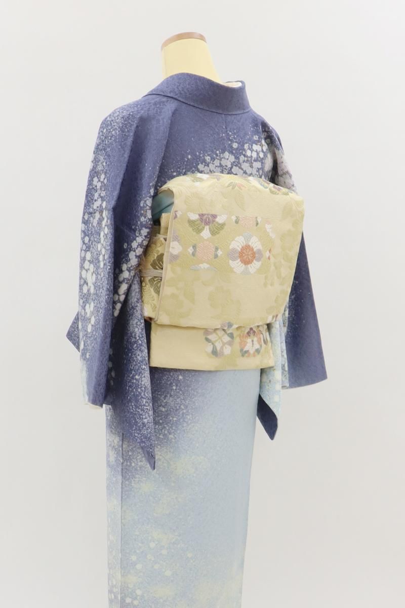 あおき【L-7966】袋帯 ベージュ系 裂取りに有職華文 - 銀座きもの青木