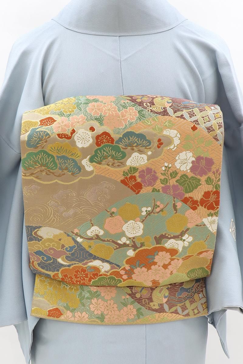 銀座【L-8002】袋帯 ベージュ系 遠山に宝尽くしや四季花文 - 銀座