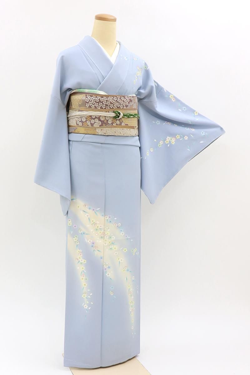 銀座【B-4010】訪問着 淡い青藤色 霞暈かしに枝垂れ桜の図 :身丈156.5