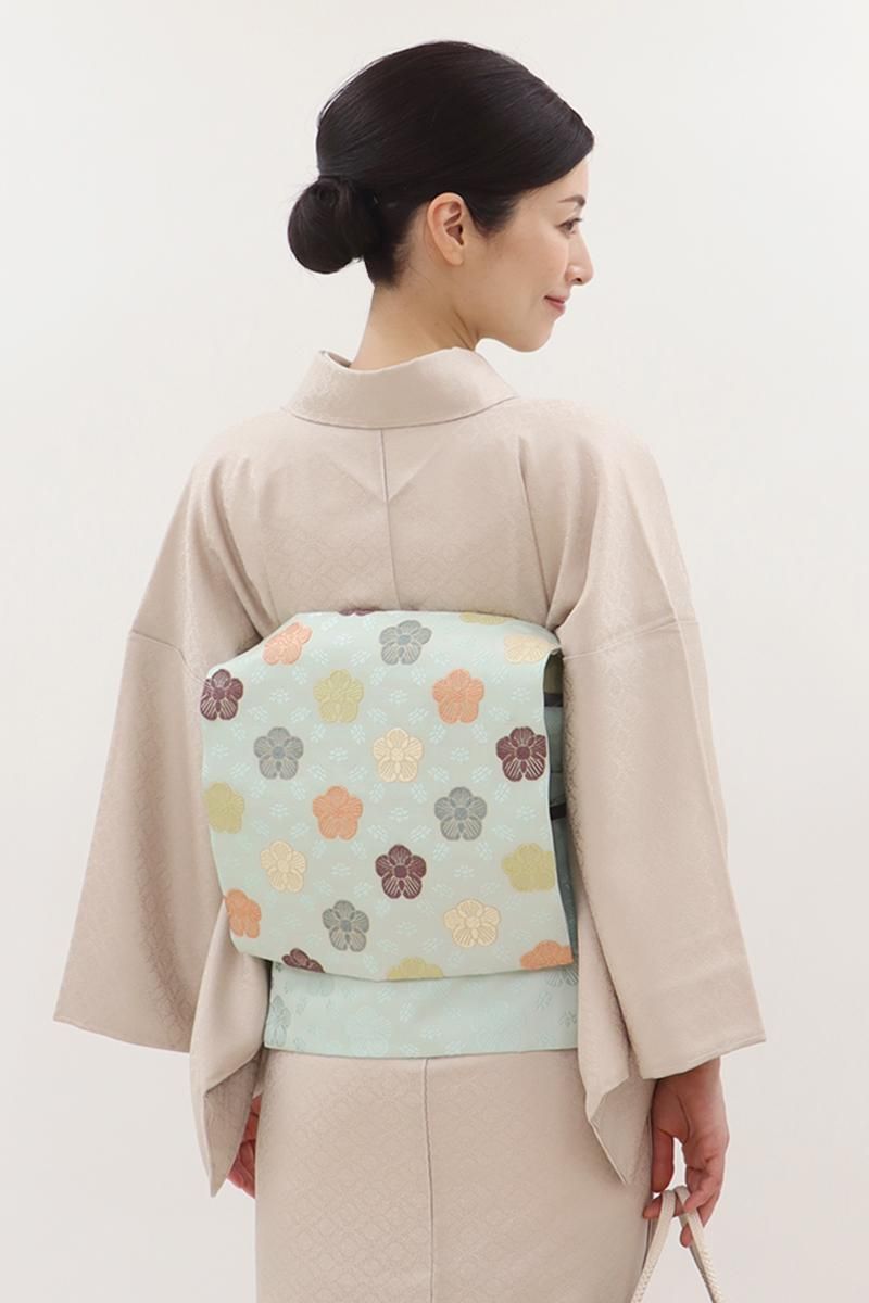 銀座【H-0305】西陣製 織名古屋帯 水縹色 梅文（証紙付） - 銀座きもの