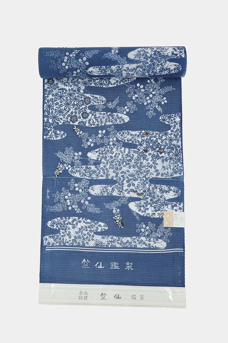 銀座【D-3775】竺仙製 紅梅小紋 着尺反物 藍色 流水に秋草文（未仕立て