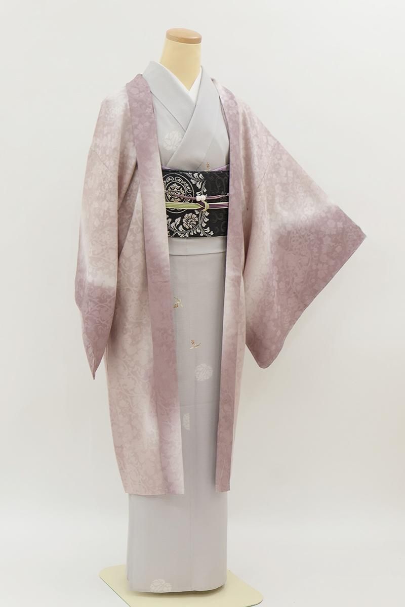 銀座【E-2242】紋紗 羽織 灰桜色×梅鼠色 流線暈かしに装飾花文（反端付