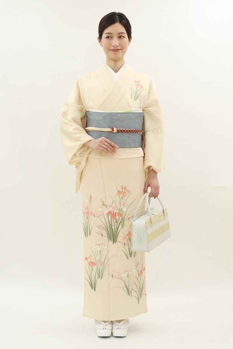 銀座【B-4107】単衣 訪問着 淡い穴色 八つ橋と杜若の図（反端付）（N