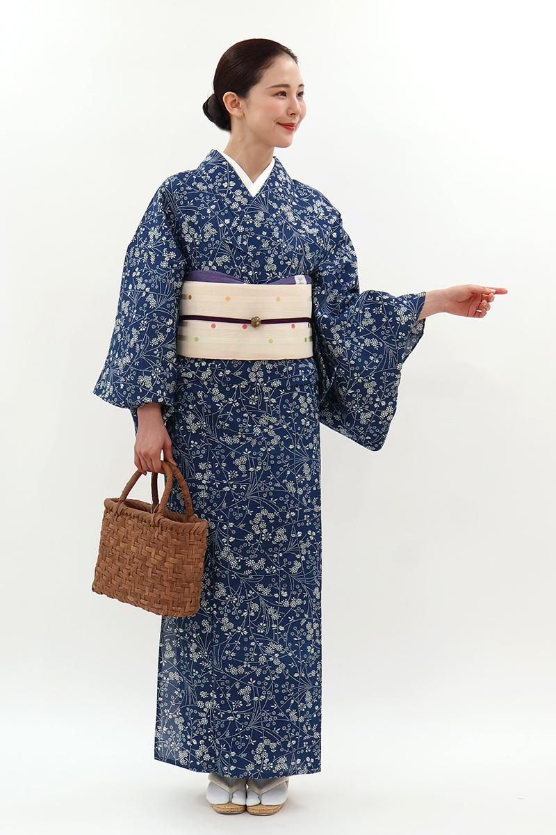 銀座【D-3787】初山一之助作 長板中形藍染 綿絽 浴衣 紺青色 花の図