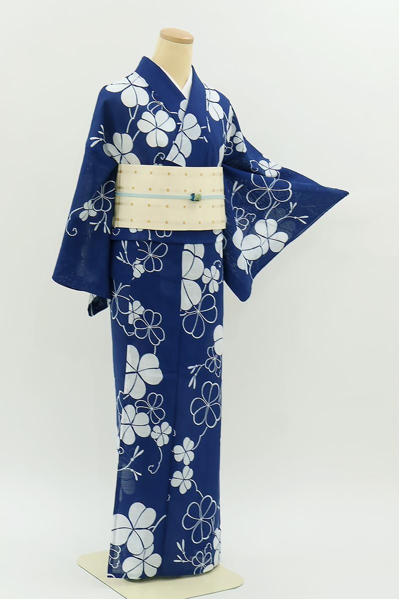 銀座【D-3789】綿絽 浴衣 紺青色 片喰文 :身丈158.5/裄68 - 銀座きもの