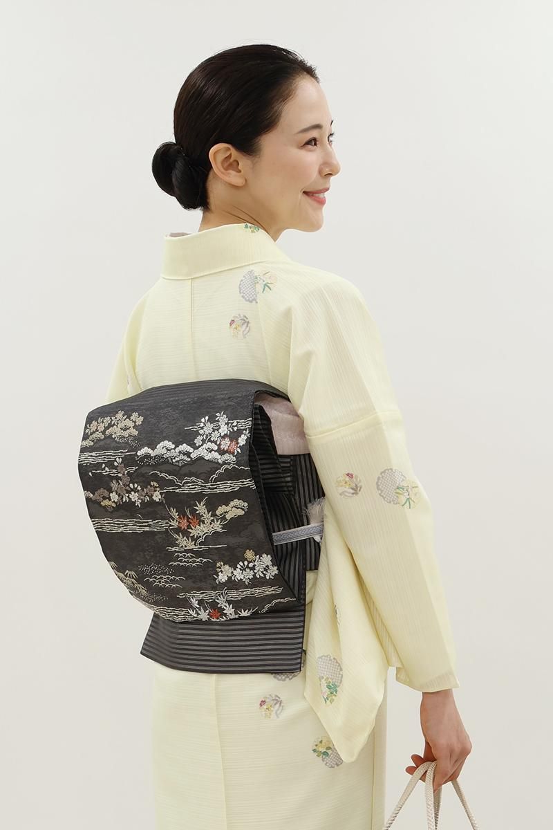 銀座【L-8228】絽 袋帯 消炭色 波に四季花文 - 銀座きもの青木｜長く