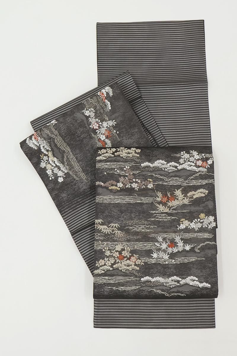 銀座【L-8228】絽 袋帯 消炭色 波に四季花文 - 銀座きもの青木｜長く