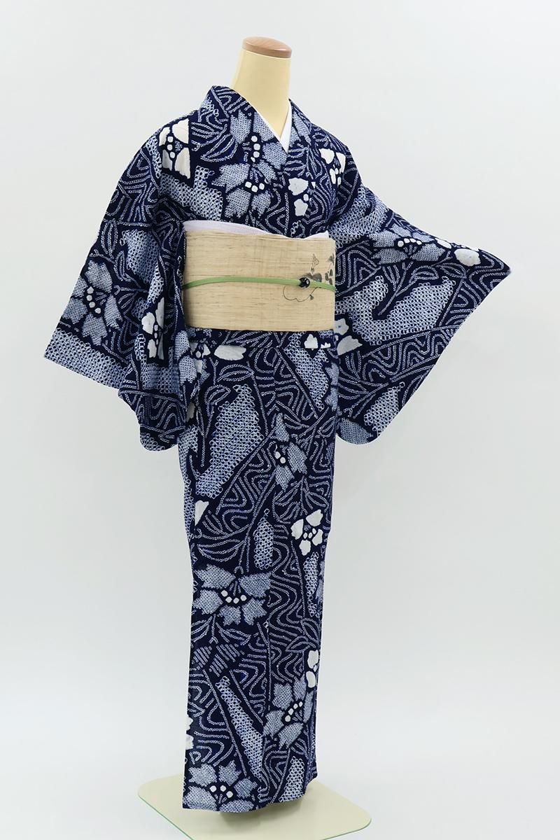 銀座【D-3812】有松鳴海絞り 木綿地 浴衣 紺色 花の図（反端付） :身丈