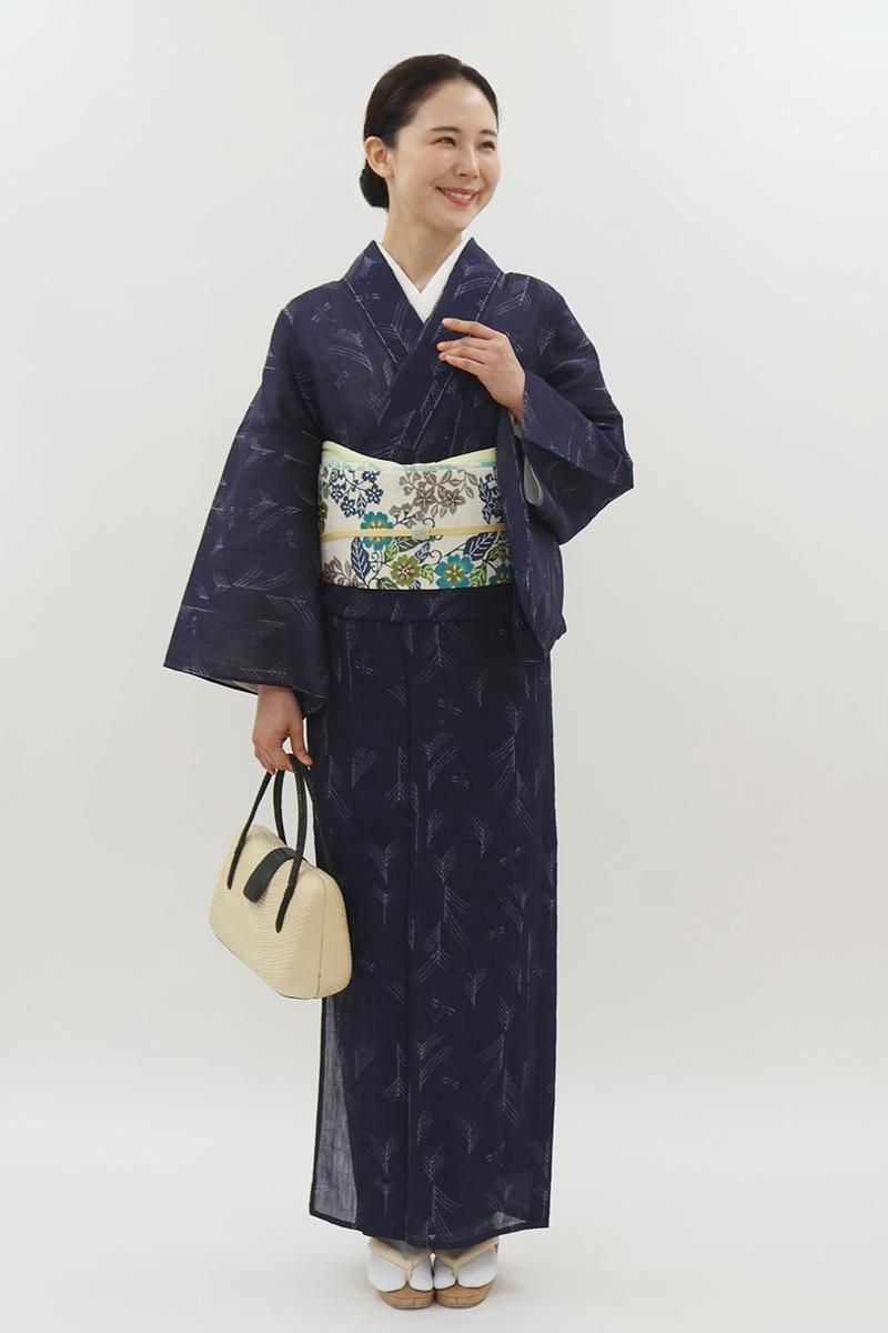 銀座【A-4092】本場小千谷縮 紺色 芒に蜻蛉の図（証紙付） :身丈160/裄