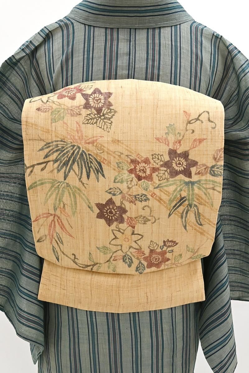 あおき【H-0595】麻地 染名古屋帯 桑色 笹竹に鉄線の図 - 銀座きもの