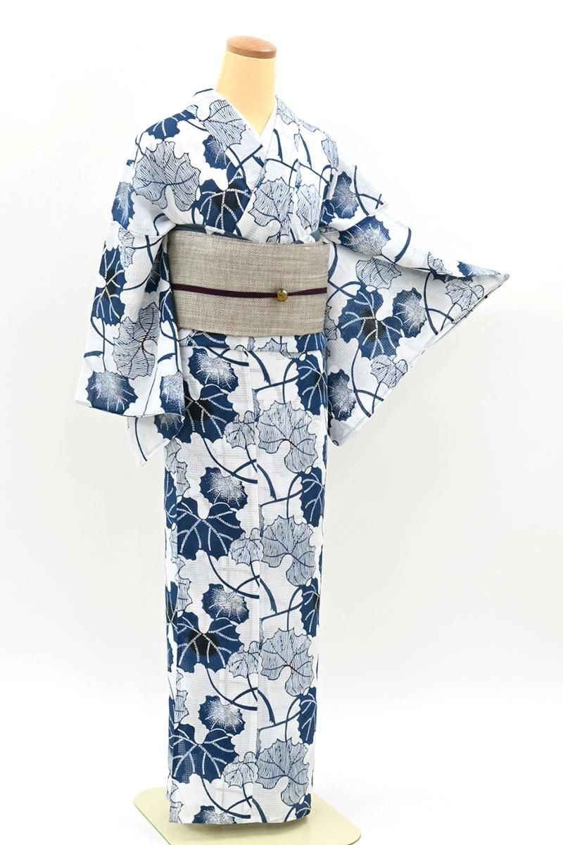 銀座【D-3868】竺仙製 綿紅梅 浴衣 白色×コバルトブルー色 蕗の図（反