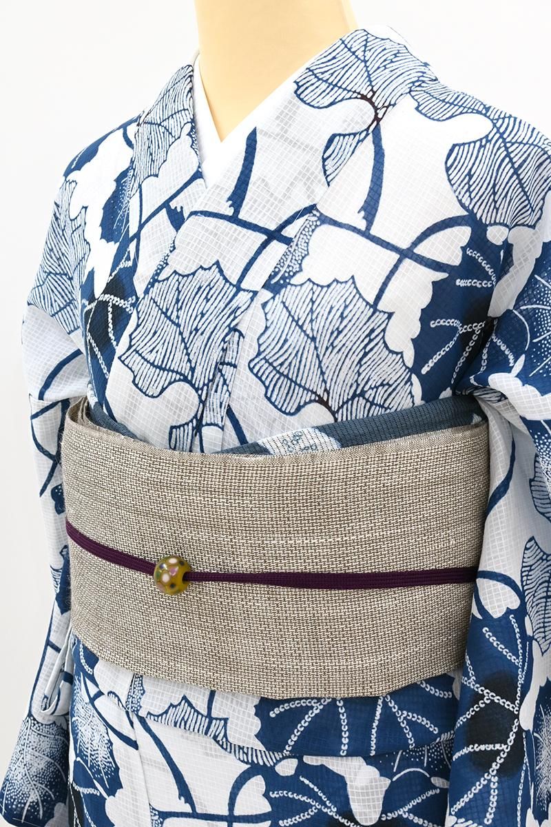 銀座【D-3868】竺仙製 綿紅梅 浴衣 白色×コバルトブルー色 蕗の図（反