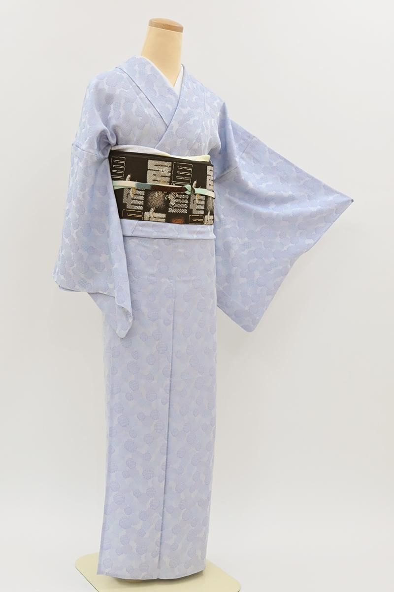 銀座【A-4152】単衣 織着物 淡い青藤色 雪輪文 :身丈156/裄67 - 銀座