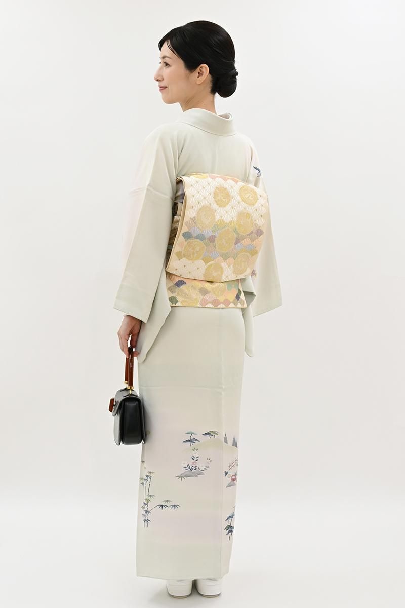 銀座【B-4224】二代目 上野為二作 訪問着 淡い白緑色 風景文（落款入