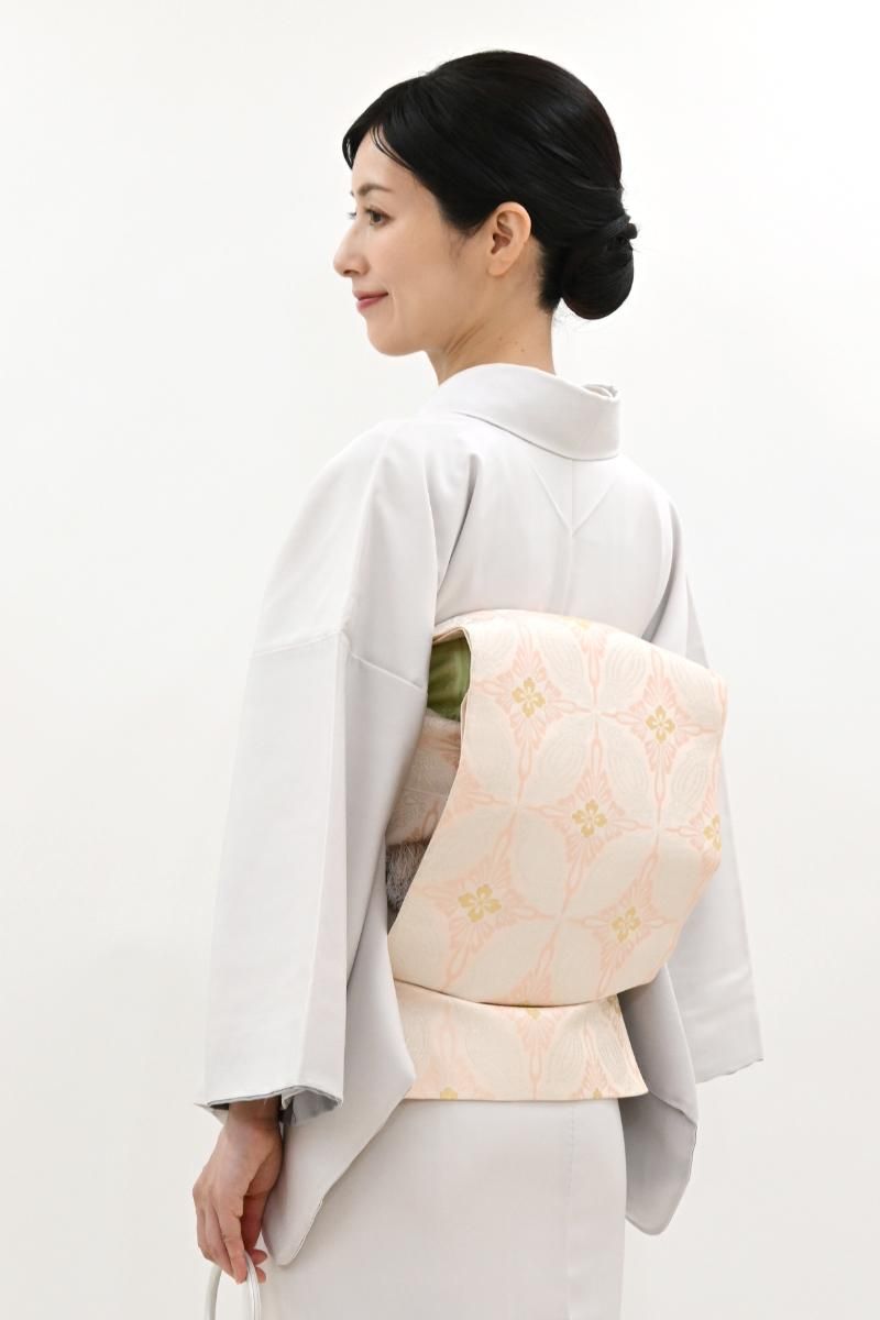 銀座【L-8394】袋帯 シェルピンク 鳥襷文（落款入・千切屋扱い