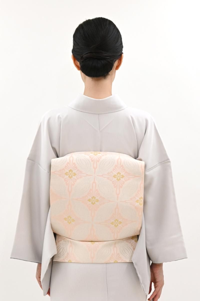 銀座【L-8394】袋帯 シェルピンク 鳥襷文（落款入・千切屋扱い