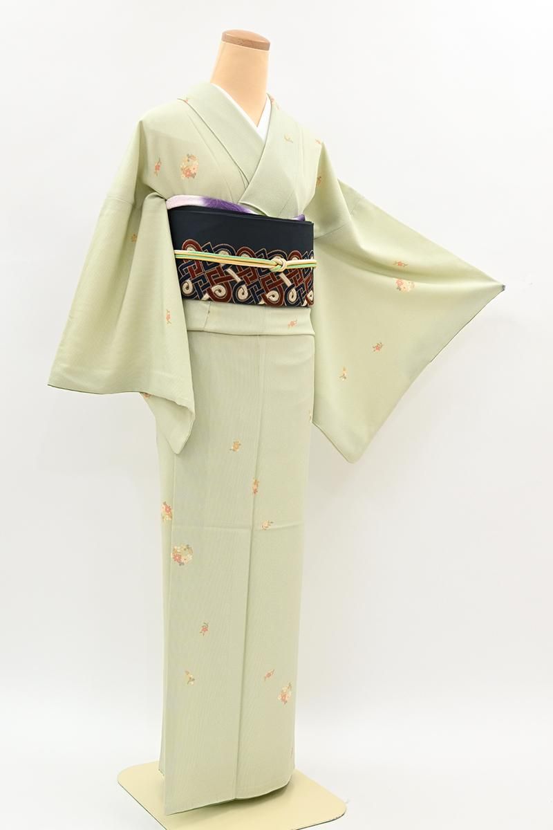 銀座【D-3914】小紋 ねこやなぎ色 万筋に四季花の図 :身丈158/裄68.5