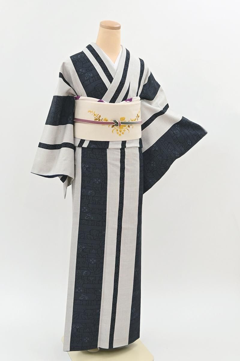 銀座【A-4175】塩沢紬 深い群青色×乳白色 竪縞に装飾文（証紙付