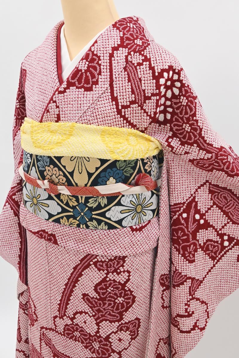 銀座【B-4253】総絞り 振袖 深緋色 貝桶の図（長襦袢セット） :身丈158