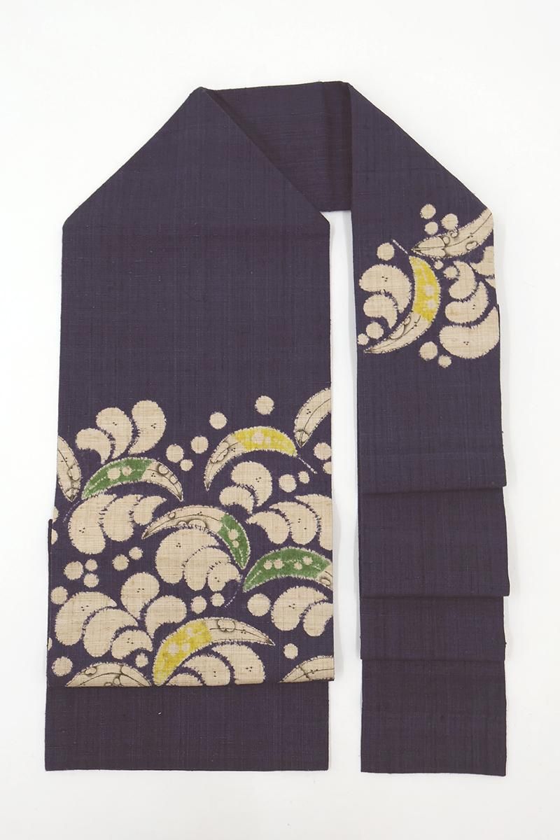銀座【H-0763】森健持作 紬地 染名古屋帯 紺色 辻が花文（落款入