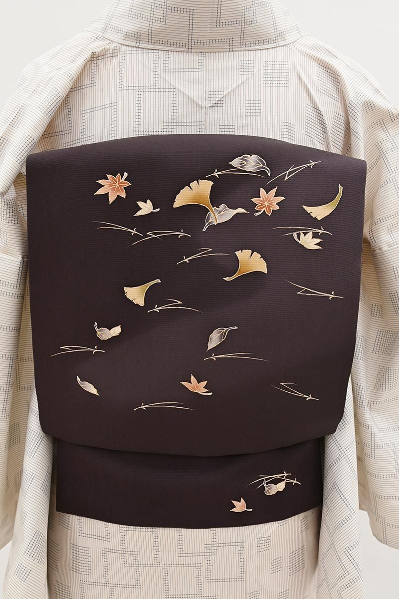 銀座【H-0794】塩瀬地 染名古屋帯 黒紫色 吹き寄せ文 - 銀座きもの青木