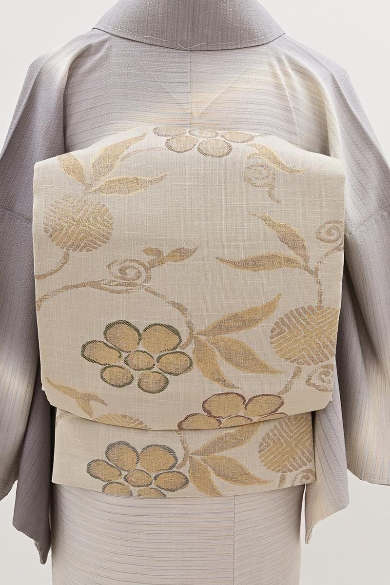 銀座【L-8484】西陣製 紬地 袋帯 白茶色 笹蔓文（証紙付・紙札付