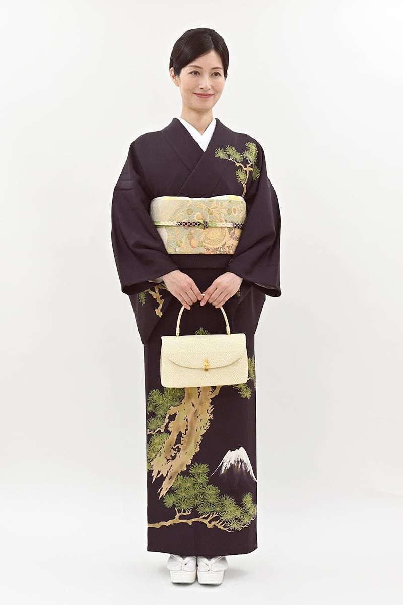 銀座【B-4279】熊谷慶雲作 染一ッ紋 訪問着 茄子紺色 富士に松の図（反