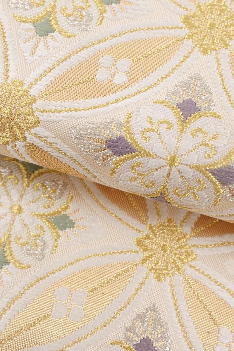 銀座【L-8528】本袋帯 薄香色 七宝繋ぎ花菱文 - 銀座きもの青木｜長く