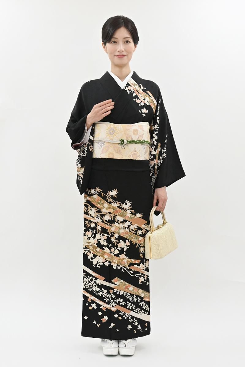 銀座【B-4304】訪問着 黒色 短冊に四季花文 :身丈162.5/裄66.5 - 銀座