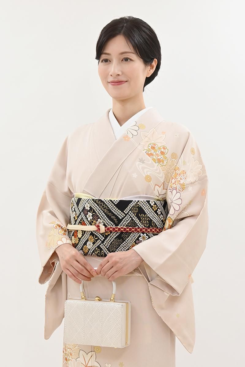 銀座【L-8493】袋帯 黒色 疋田の網代に四季花文 - 銀座きもの青木