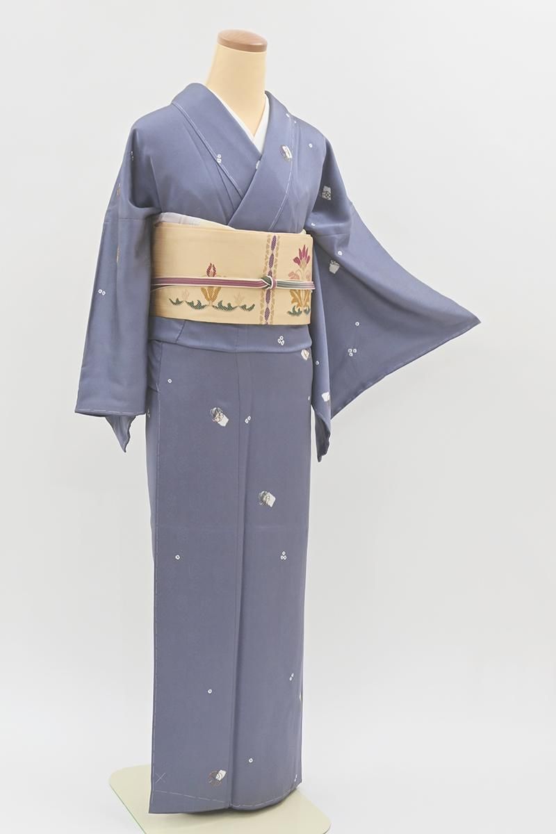 銀座【D-3949】繍一ッ紋 小紋 錆桔梗色 吉祥文（反端付） :身丈162/裄