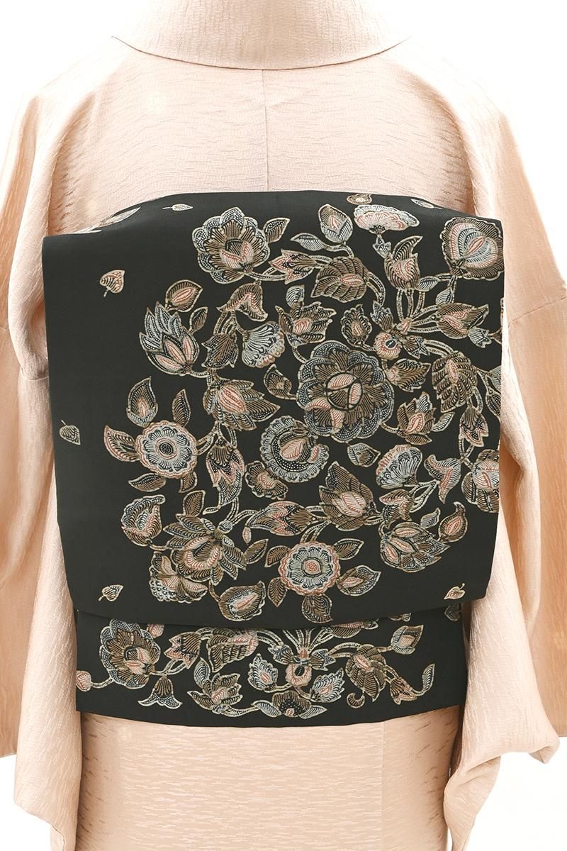 銀座【H-0830】Reisia 染名古屋帯 黒色 更紗花文 - 銀座きもの青木