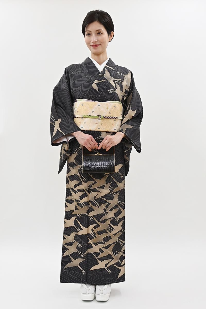 銀座【B-4340】繍一ッ紋 訪問着 檳榔子染色 波に鶴の図:身丈162/裄66.5