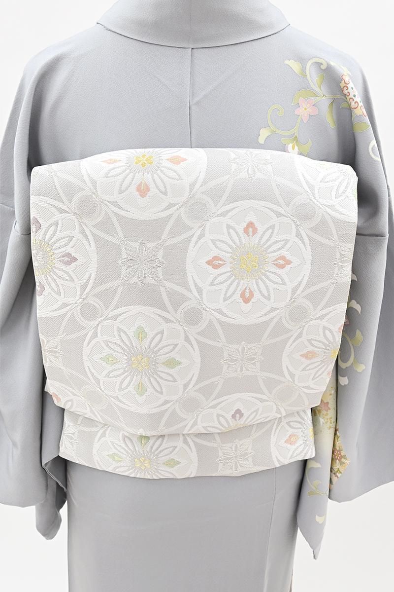 銀座【L-8634】西陣製 袋帯 銀色 七宝華文（証紙付） - 銀座きもの青木