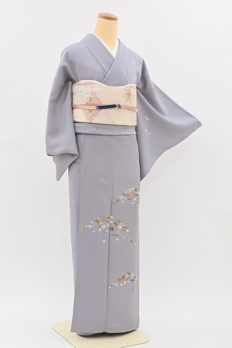 銀座【B-4379】繍一ッ紋 刺繍 付下げ 灰青色 吹き寄せ文（高島屋扱い