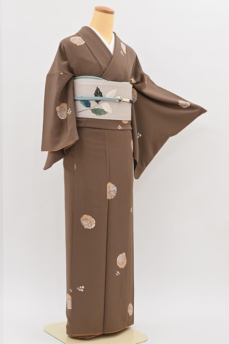 銀座【D-3975】小紋 柴染色 鞠に雪輪重ねの丸 :身丈153.5/裄64.5/細め