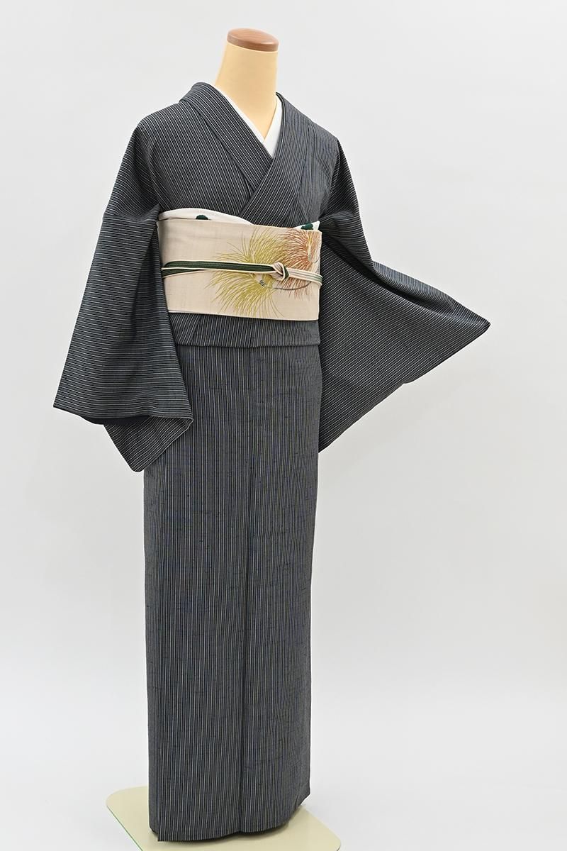 銀座【A-4195】塩沢紬 やまだ織 勝色 竪縞（証紙付） :身丈160.5/裄68